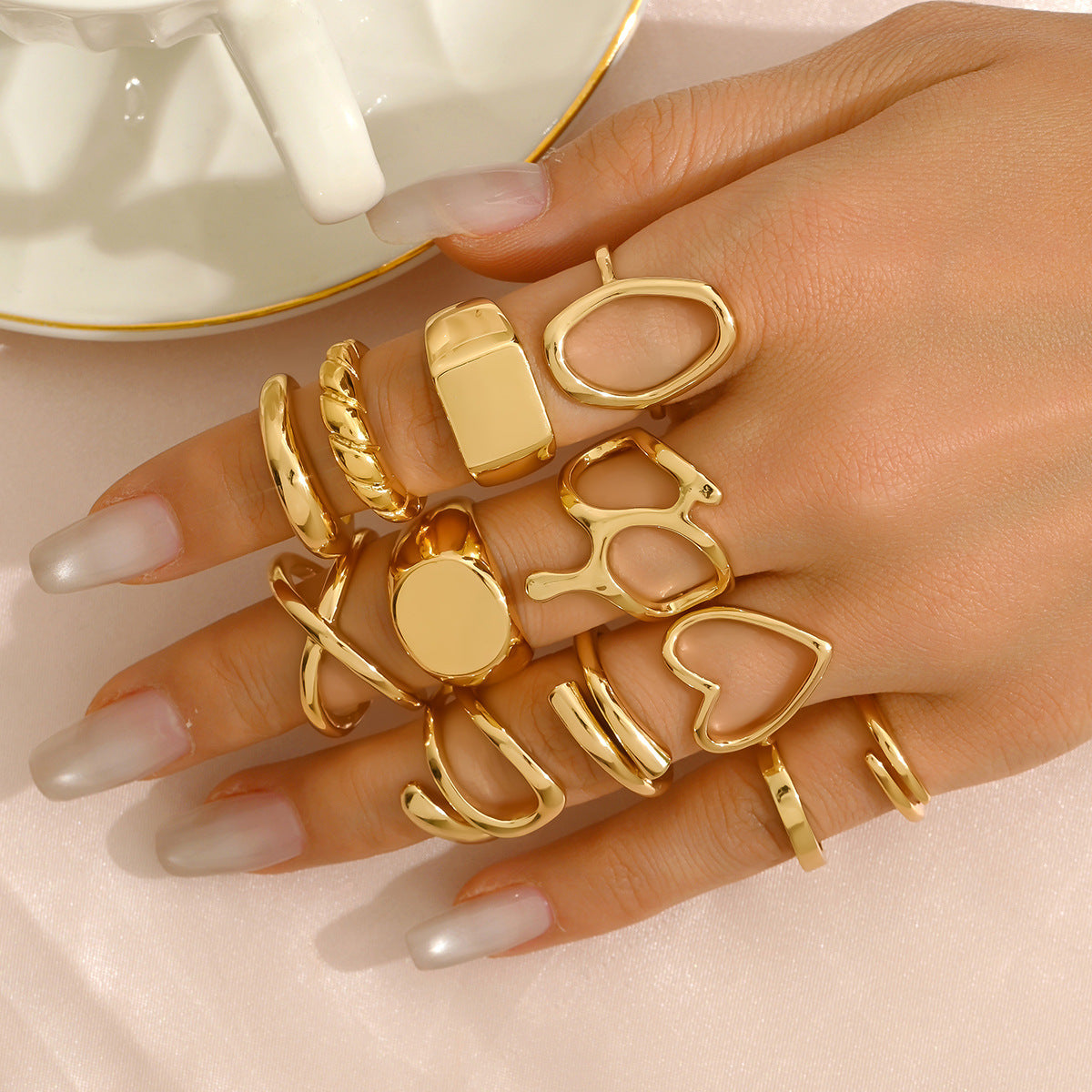 Conjunto de anillos con diseño de líneas geométricas para mujer, de aleación de zinc galvanizada, anillos de banda abierta ajustables con formas circulares y ovaladas