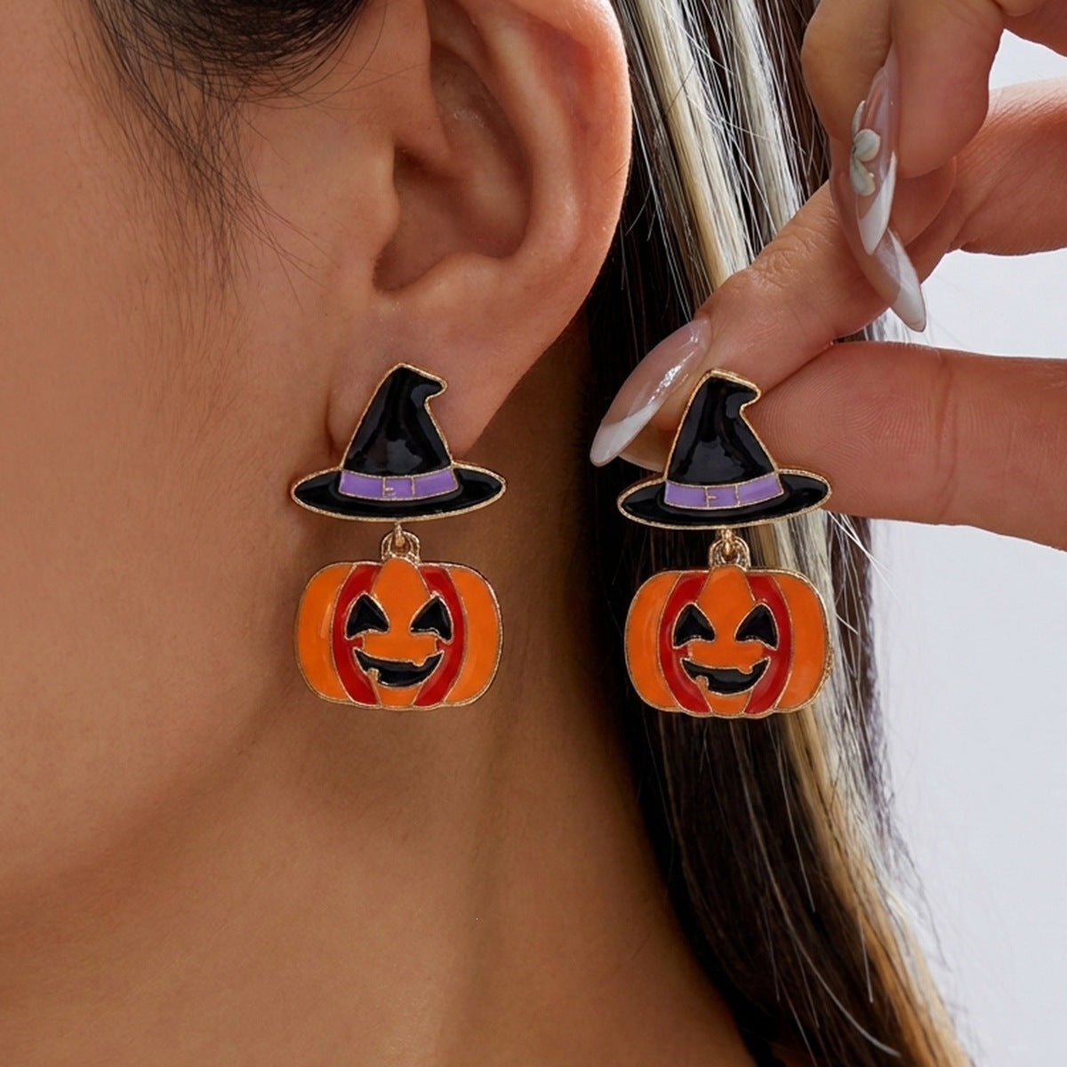 Cute Halloween Pumpkin and Witch Hat Drip Oil Plated Alloy Earrings Unisex Cartoon Drop Earrings