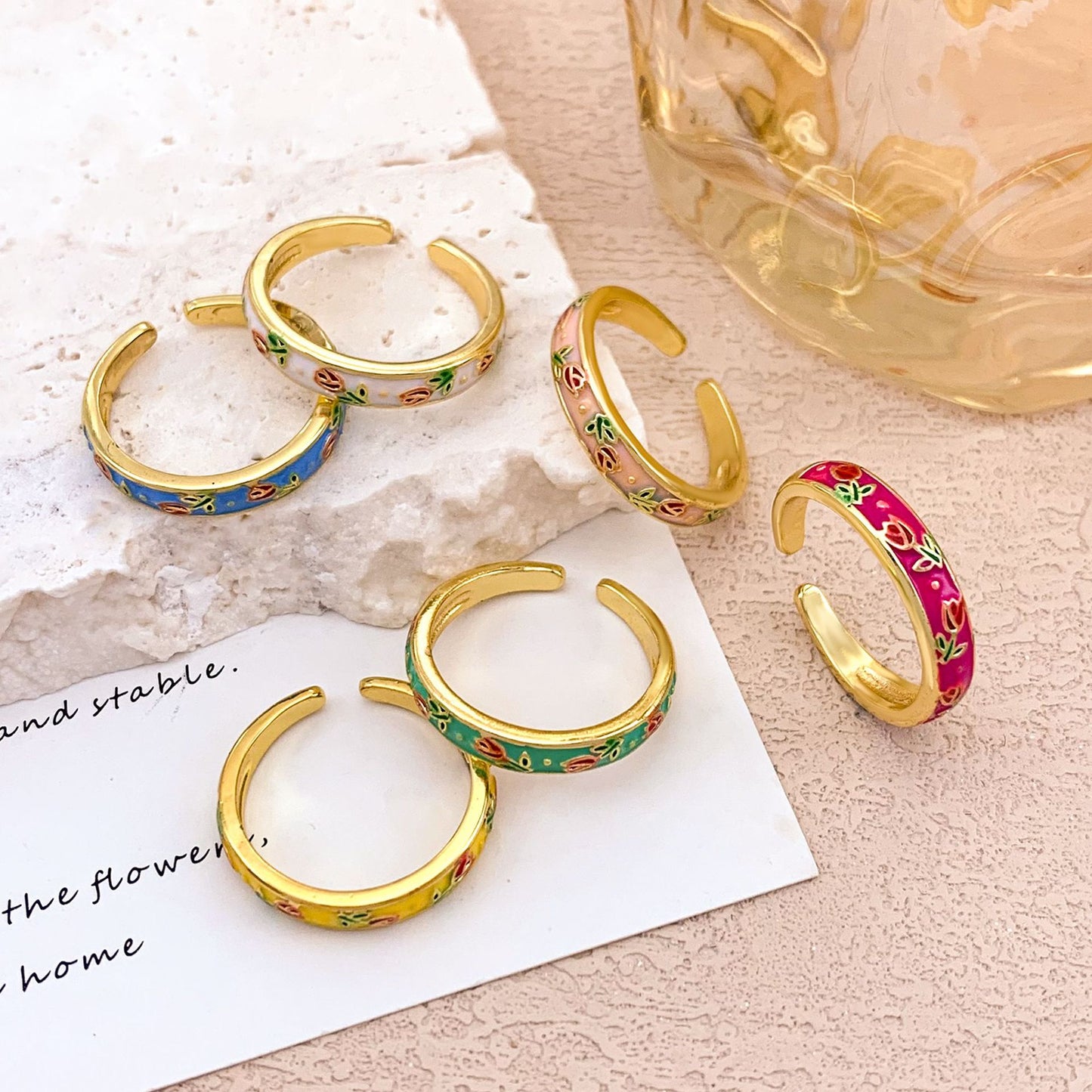 Minimalist Elegant Floral Enamel Plated Alloy Adjustable Ring for Women