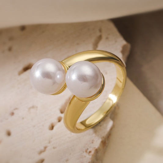 Minimalist Geometric Open Ring for Women Made of Brass with 18K Gold Plating and Pearl Inlay