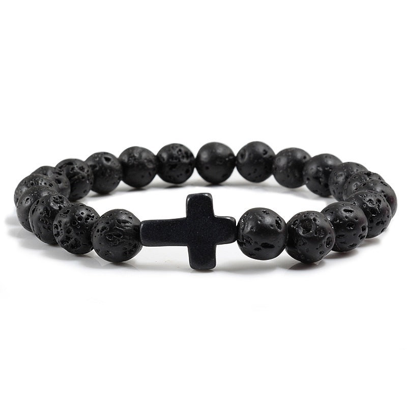 Natural Turquoise Cross Beaded Bracelet 8mm Round Stone Unisex Handmade Jewelry