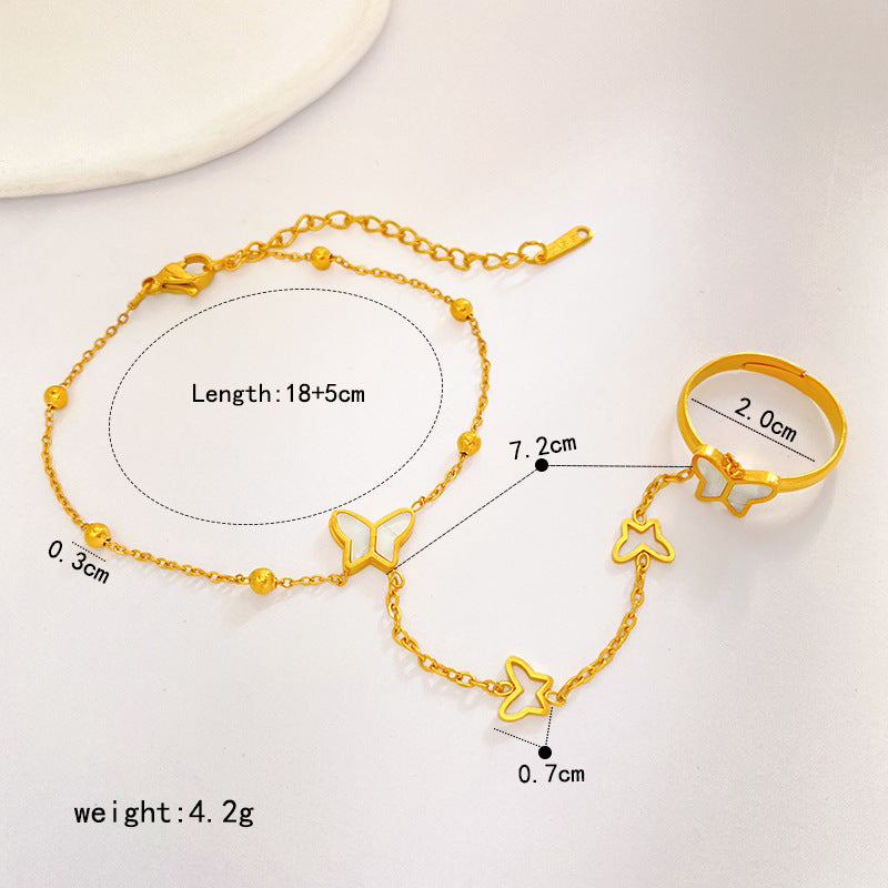 Matte Gold Plated Titanium Steel Butterfly Bead Hand Chain Ring