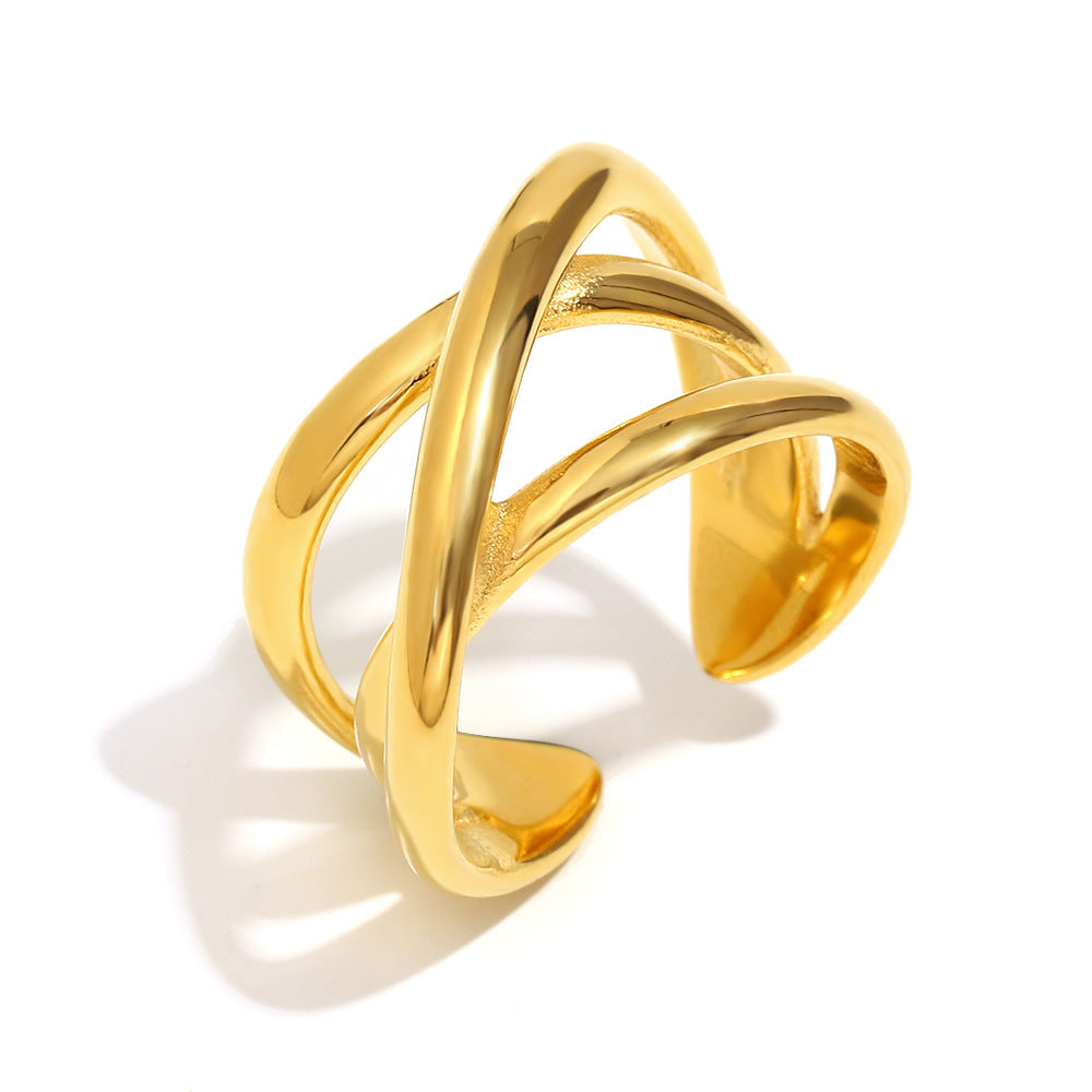 Vintage-Inspired Geometric Stainless Steel Ring with 18K Gold Plating for Women