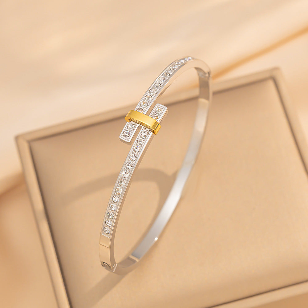 Luxury Minimalist Titanium Steel and Stainless Steel Interwoven T-Shaped Bracelet with Full Rhinestone Inlay and Oval Geometric Design