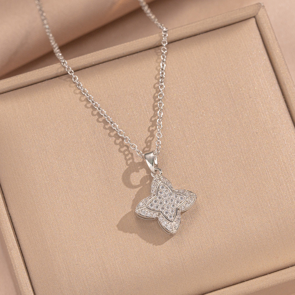 Collar con Colgante de Lujo Minimalista de Trébol de Cuatro Hojas para Mujer, de Acero de Titanio con Baño de Oro e Incrustaciones de Diamantes de Imitación