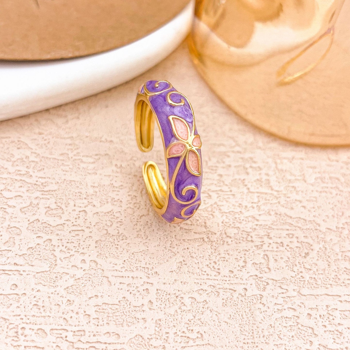 Luxury Elegant Floral Enamel Drip Oil Plated Alloy Round Ring for Women