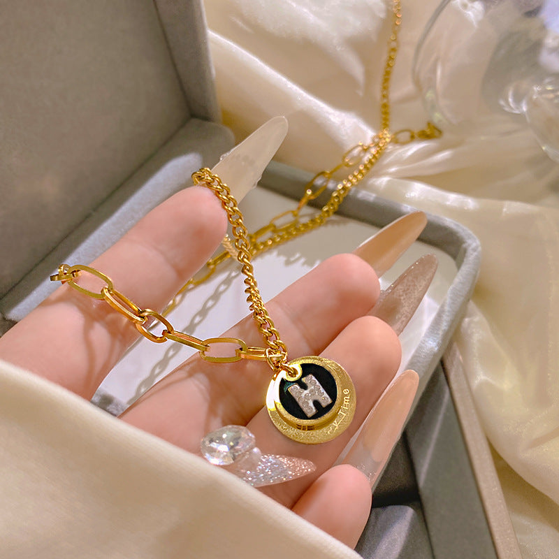 Sweet Round Letter H Titanium Steel Necklace Plated Pendant Chain Unisex Jewelry