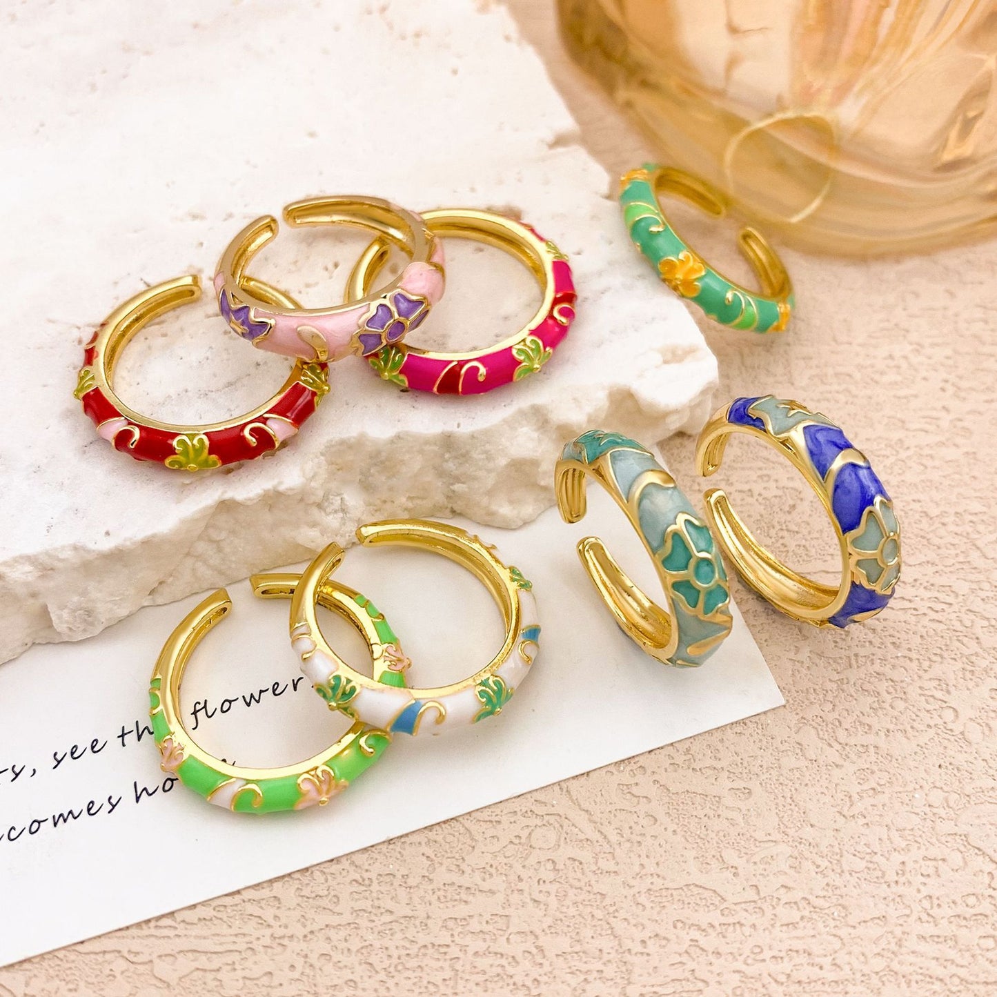 Anello da donna in lega smaltata floreale elegante di lusso