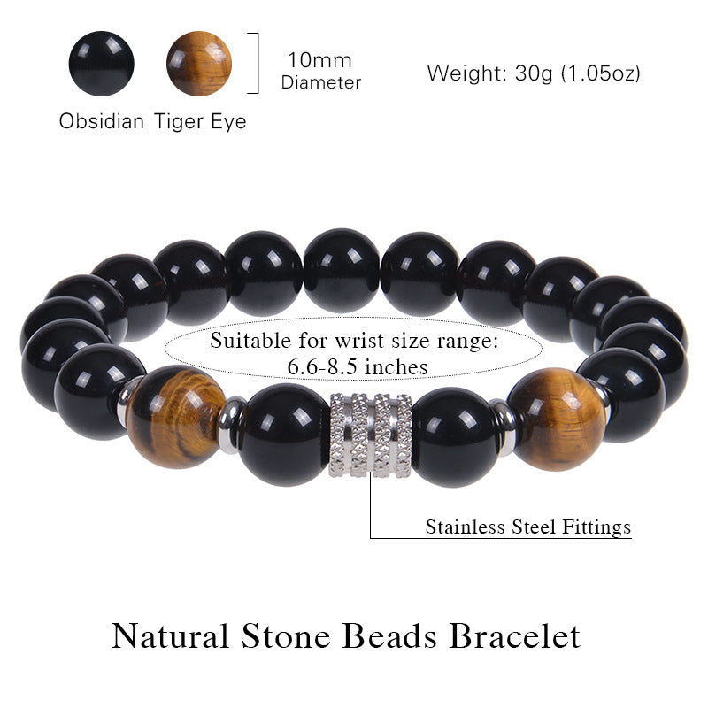 Minimalist Vintage Geometric Round Natural Obsidian Tiger Eye Stainless Steel Bracelet Unisex