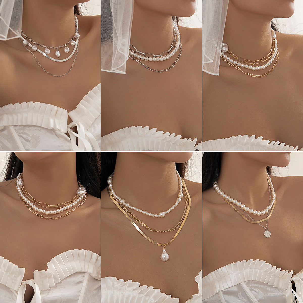 Sweet Plated Alloy Heart Star Round Faux Pearl Pendant Snake Chain Necklace for Women