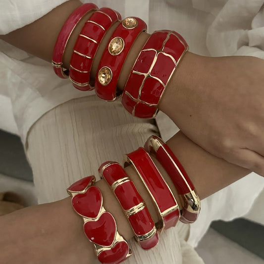 Pulsera elástica abierta con corazón geométrico, goteo de aceite rojo, estilo bohemio vintage