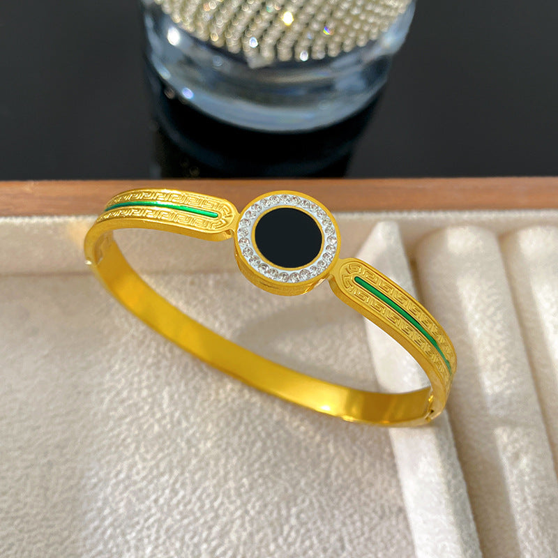 Luxury Vintage Geometric Black Round Square Cubic Zirconia Green Striped Polished Titanium Steel Bracelet