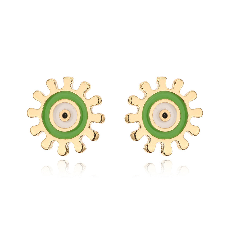Orecchini a perno geometrici minimalisti carini in rame con placcatura in oro 18 carati e dettagli colorati smaltati a forma di occhio