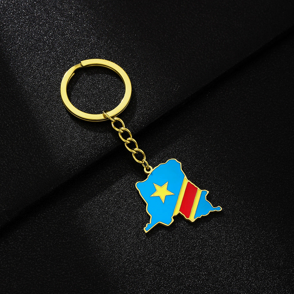 Portachiavi in Acciaio al Titanio con Bandiera della Mappa della Repubblica Democratica del Congo in Stile Etnico per Uomini e Donne