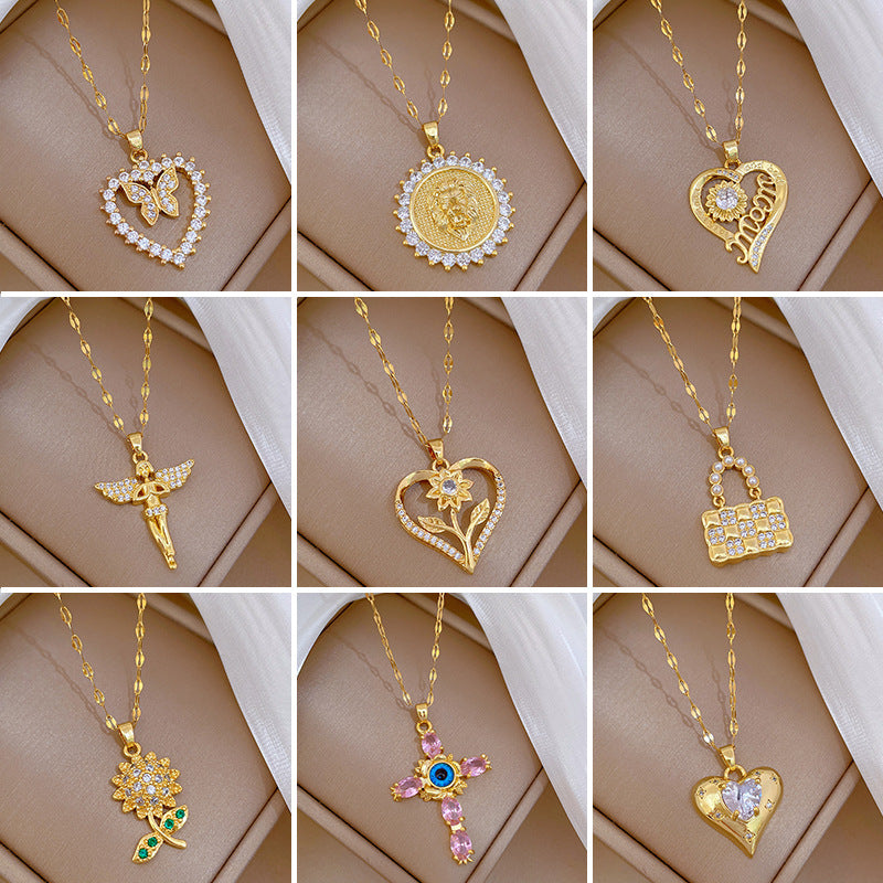 Luxury Minimalist Sweet Geometric Rhinestone Pendant Necklace for Women Titanium Steel O-Chain