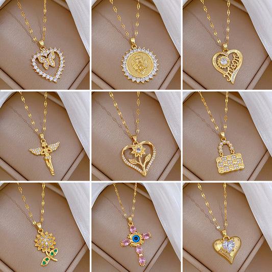 Collar con colgante de diamantes de imitación, diseño geométrico dulce, minimalista de lujo, de acero de titanio con cadena en O, para mujer