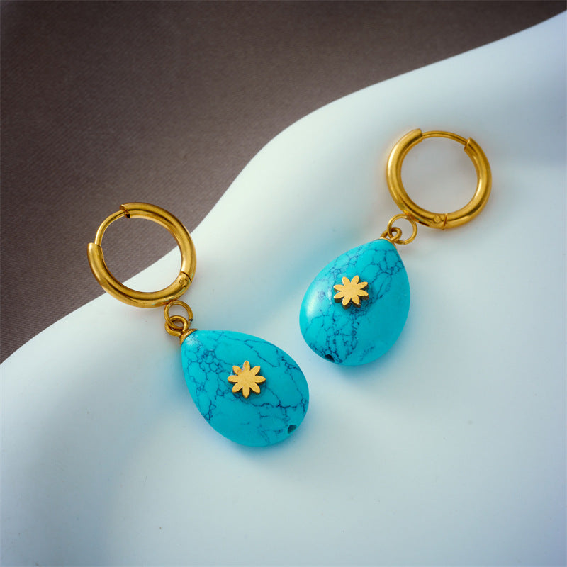 Vintage Minimalist Teardrop-Shaped Turquoise Earrings in Titanium Steel with Plated Finish