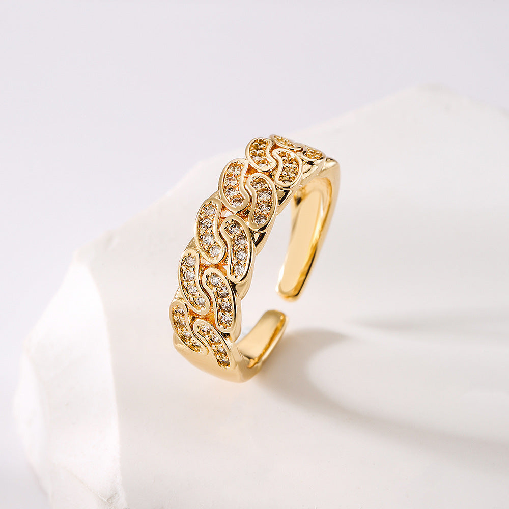 Anello Aperto Geometrico Minimalista da Donna Realizzato in Rame con Placcatura in Oro Vero e Zirconia Micro-Pavé