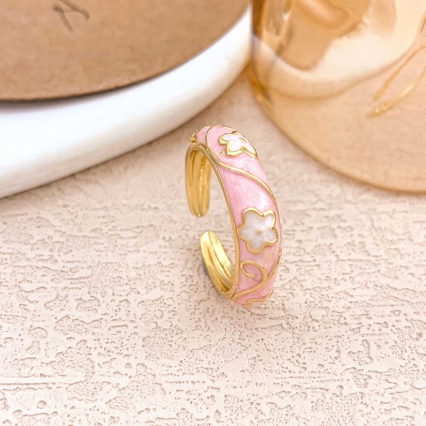 Sweet Floral Enamel Plated Alloy Ring for Women