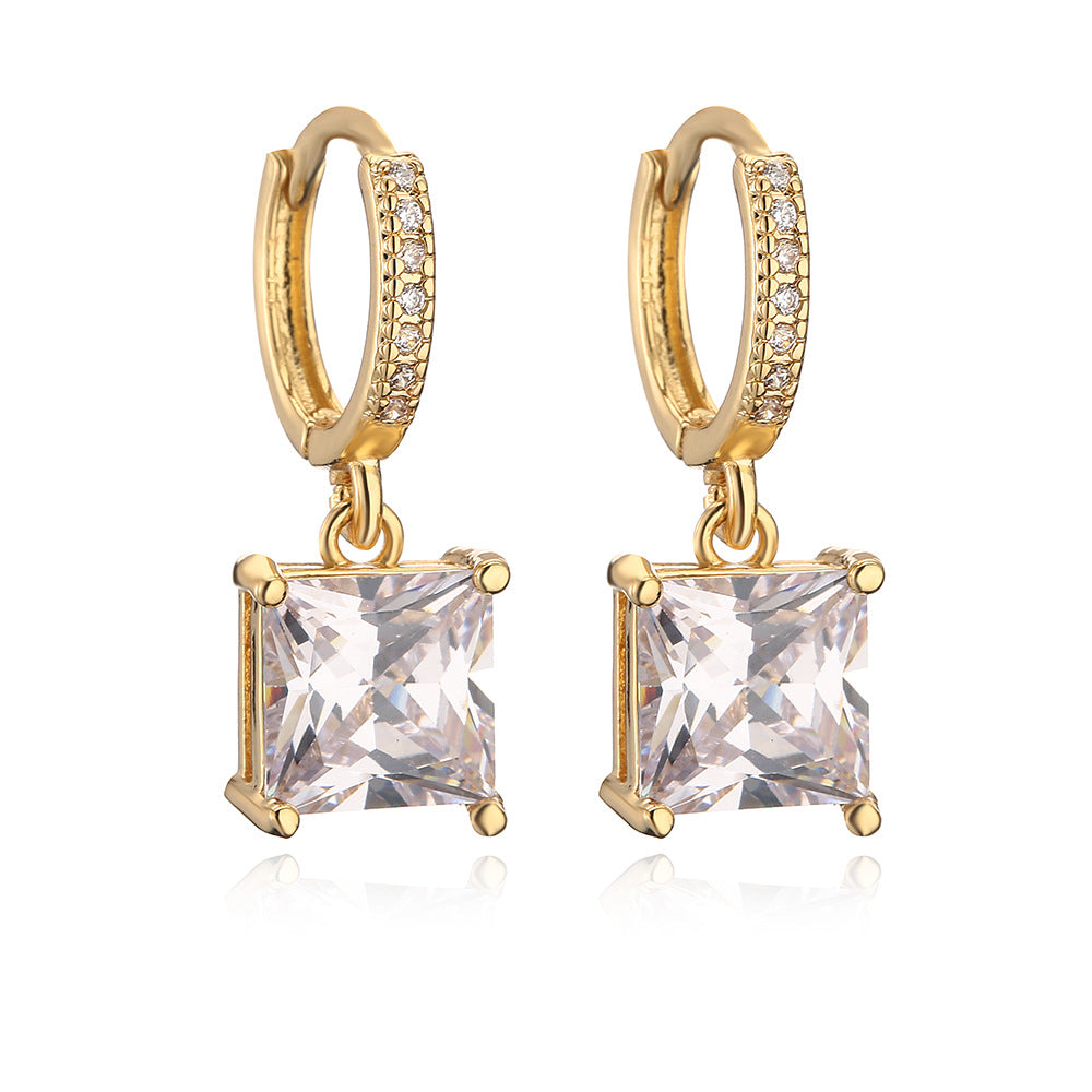 Minimalist Square Geometric Earrings in Copper with Real Gold Plating and Zircon Accents for Women