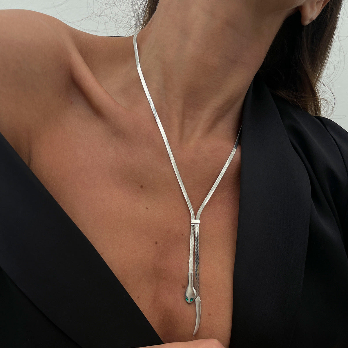 Minimalist Long Flat Snake Chain Necklace for Women with Alloy Pendant and Electroplated Finish