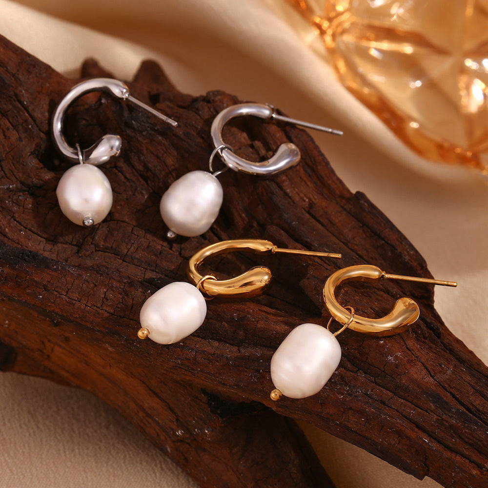 Orecchini da donna geometrici in acciaio inossidabile d'ispirazione vintage con placcatura in oro 18 carati e perle d'acqua dolce