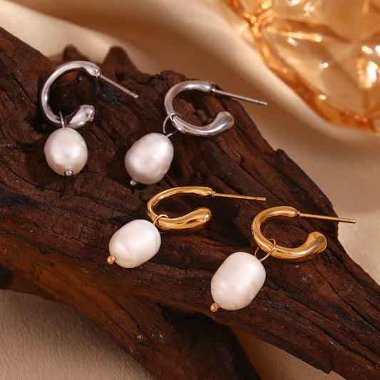 Vintage-Inspired Geometric Stainless Steel Earrings with 18K Gold Plating and Freshwater Pearl Accents for Women