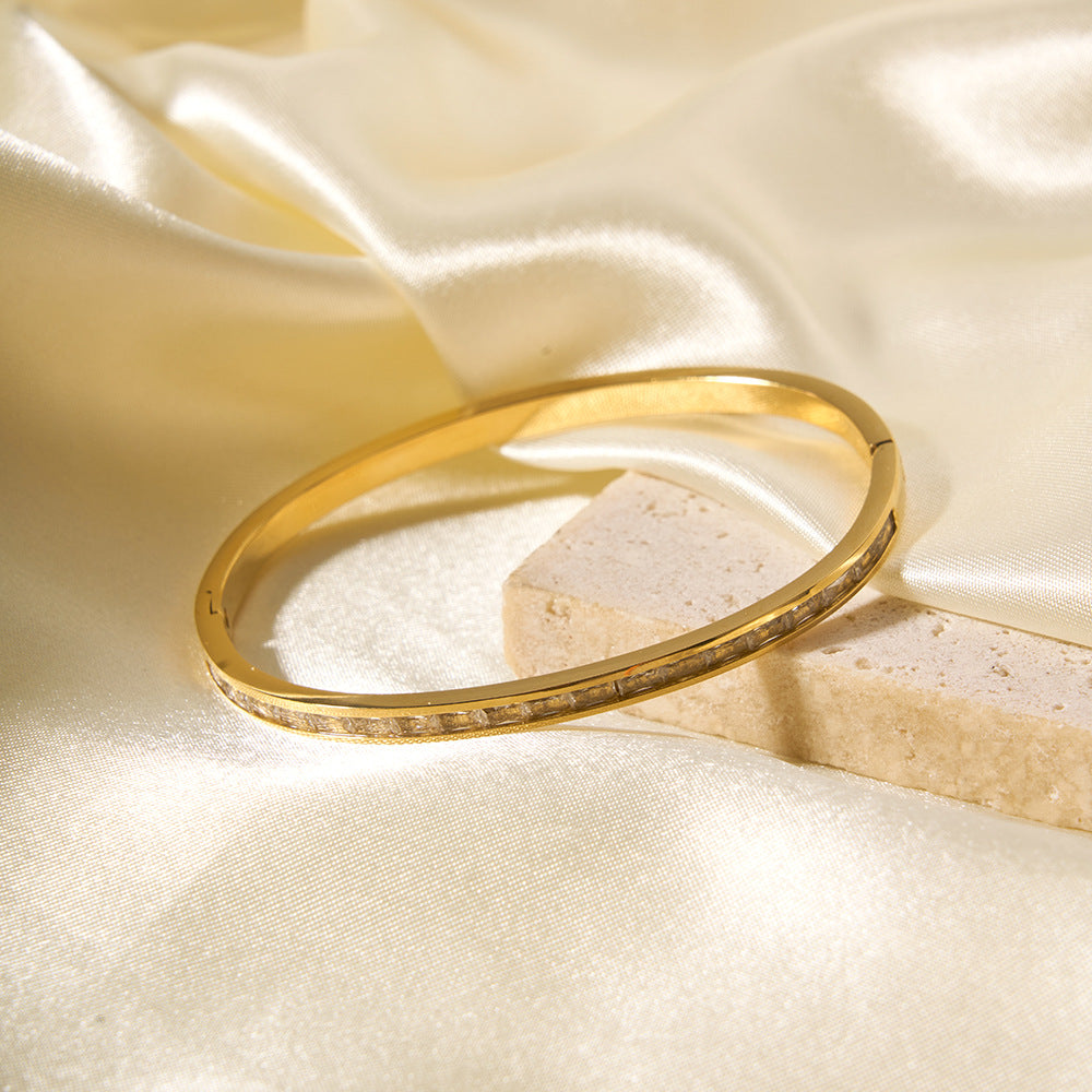 Vintage Ins Style 18K Gold Plated Geometric Ring Stainless Steel Rhinestone Bracelet for Women