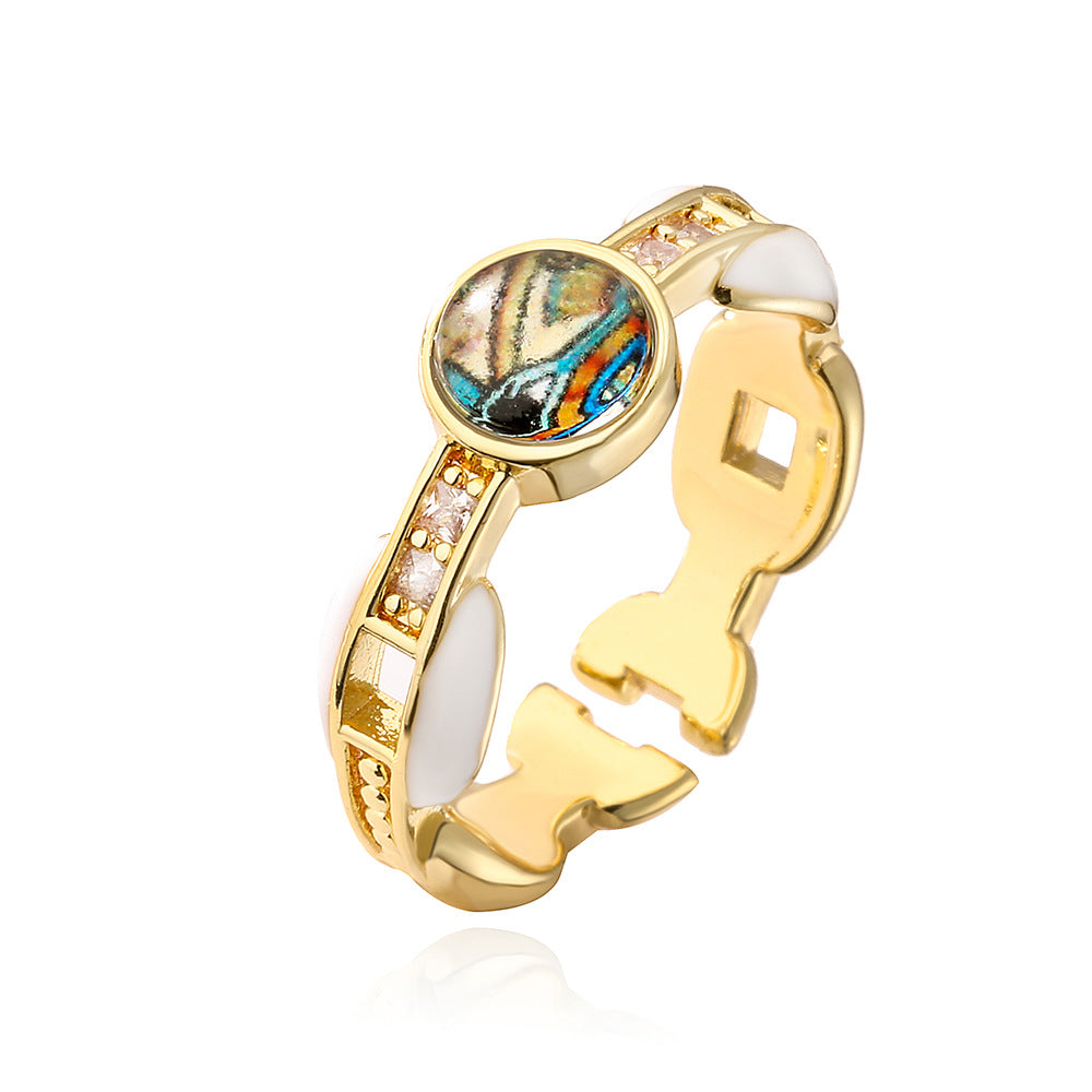 Minimalist Geometric Eye-Shaped Copper Ring with 18K Gold Plating and Enamel Finish for Women