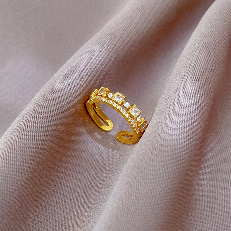 Minimalist Cold-Tone Adjustable Open Ring for Women with Crown Shape Brass Band and Zircon Inlay