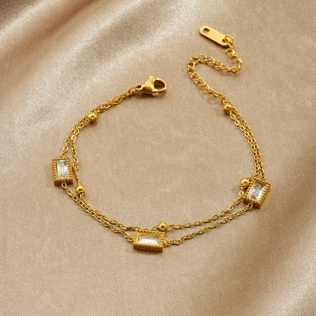 Minimalist Gold Plated Stainless Steel Square Rhinestone Double Layer Chain Bracelet for Women