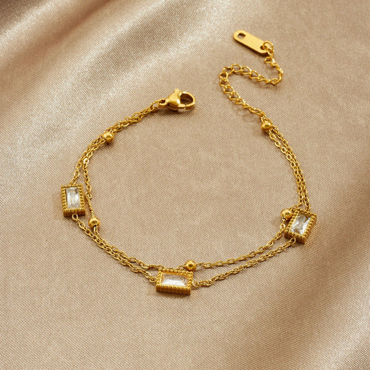 Minimalist Gold Plated Stainless Steel Square Rhinestone Double Layer Chain Bracelet for Women