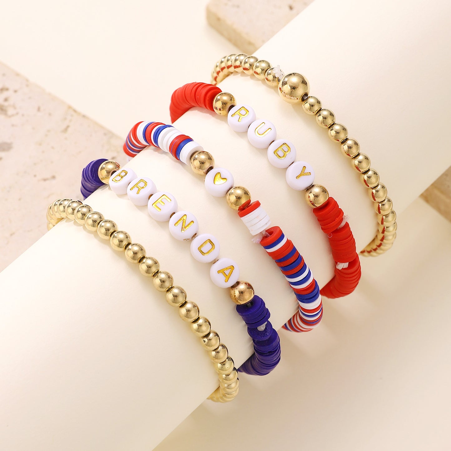 Patriotic Resin Beaded Bracelet Set with Heart Star Letter Charms and Rhinestone Accents