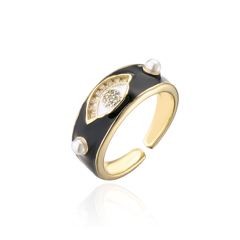 Minimalist Geometric Eye-Shaped Open Ring for Women Made of Brass with 18K Gold Plating and AAA Zircon Inlay
