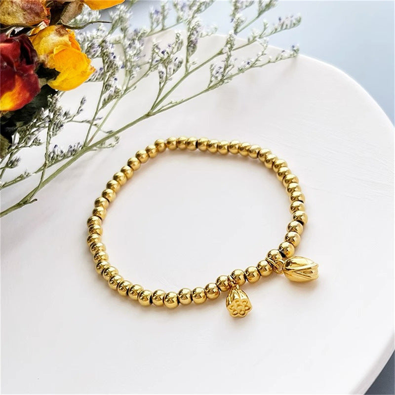 Pulsera con diseño geométrico de semillas y vainas de loto, estilo OL, de acero inoxidable con chapado en oro