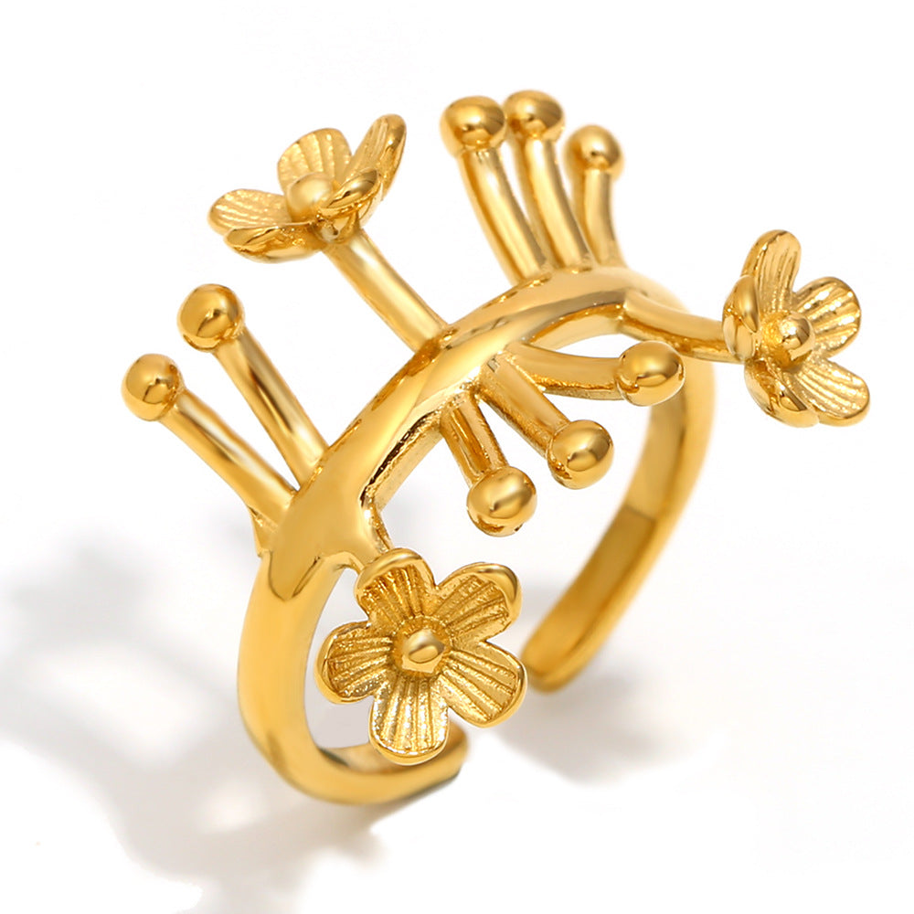 Fashion Floral-Shaped Stainless Steel Ring with 18K Gold Plating for Women