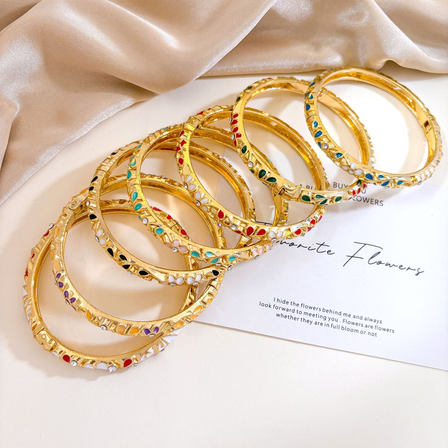 Elegant Floral Enamel Cubic Zirconia Inlaid Alloy Bangle Bracelet