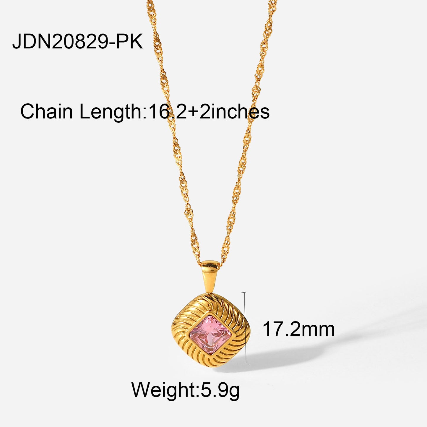 INS Style Stainless Steel Necklace with 18K Gold Plated Square Textured Button Pendant and White Pink or Green Cubic Zirconia for Women