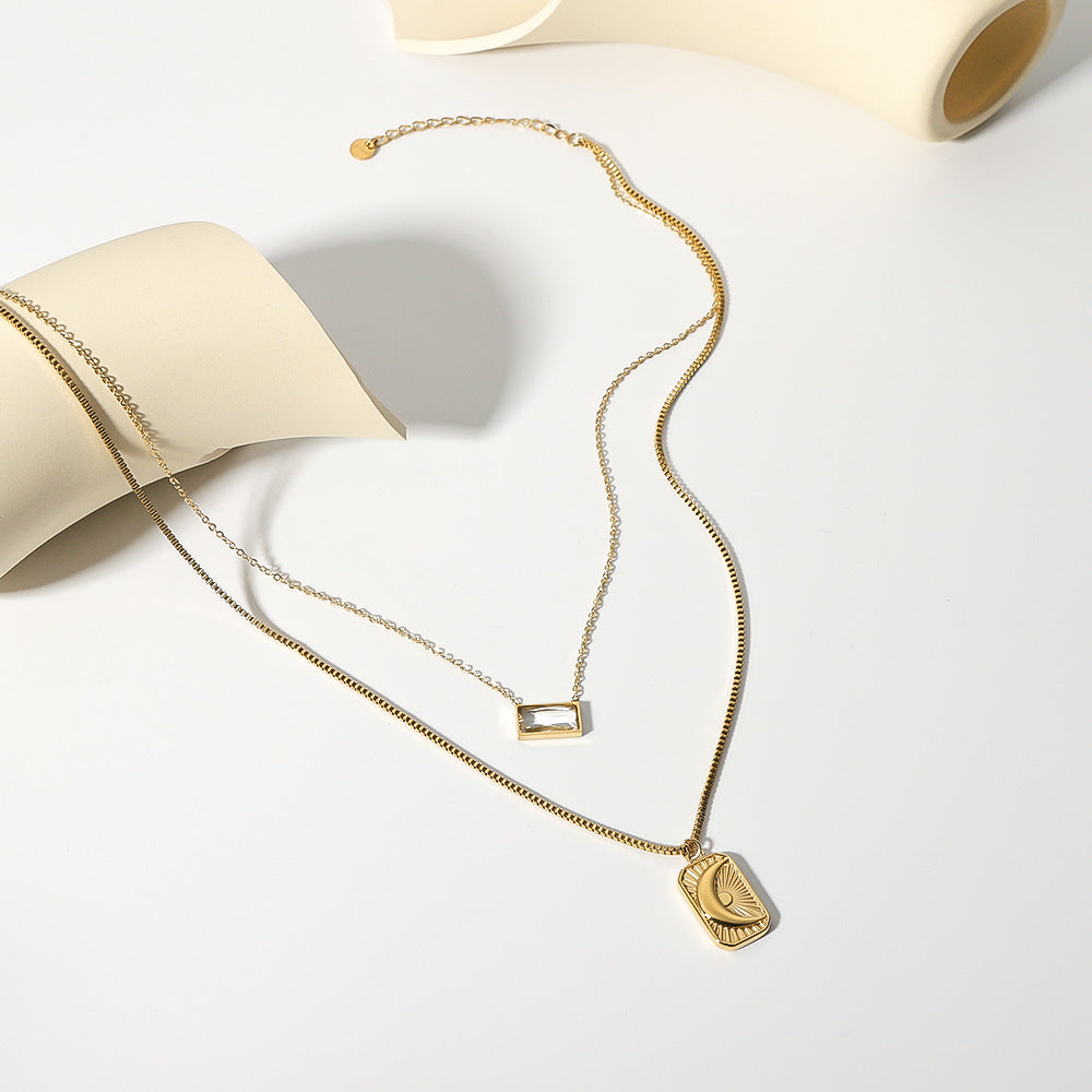 Minimalist Moon and Sun Geometric Pendant Necklace in Stainless Steel with Rhinestone Inlay on O-Chain for Women