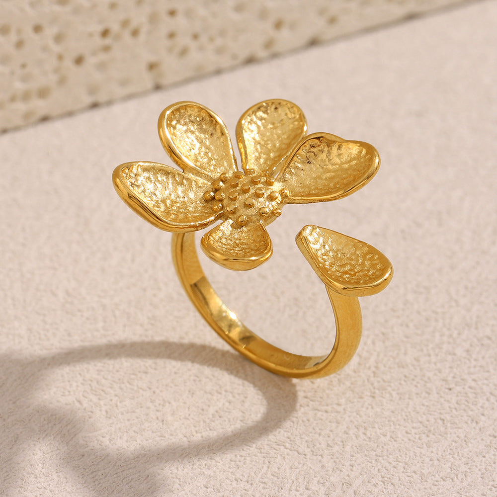 Anillo abierto floral de moda de acero inoxidable con baño de oro de 18 quilates para mujer