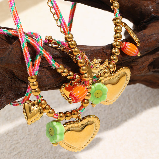 Luxury Geometric Heart Pendant Necklace in Stainless Steel with 18K Gold Plating and Beaded Rope Chain for Women