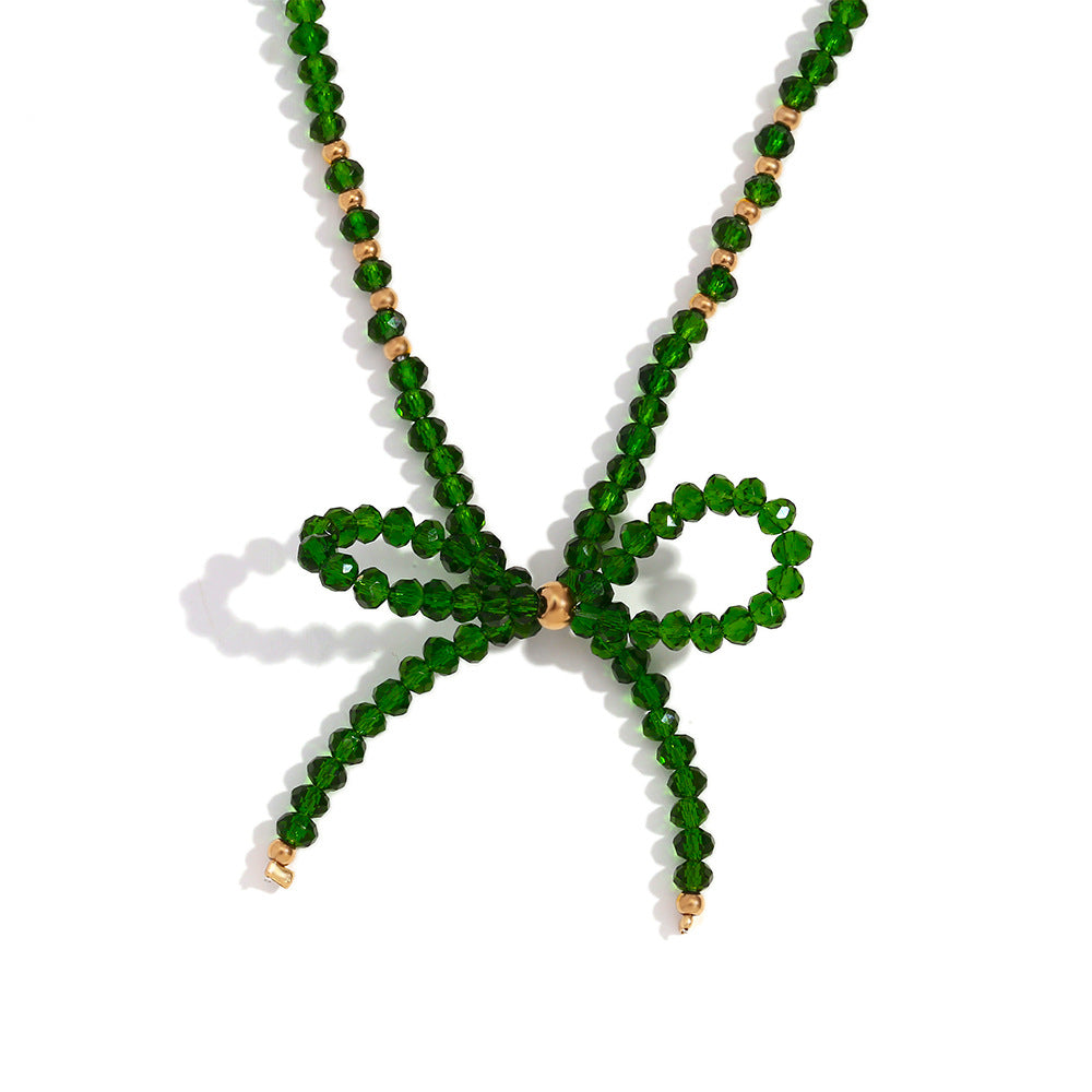 Elegante Collar Minimalista de Acero Inoxidable en Forma de Lazo con Colgante de Acero Inoxidable Titanio Galvanizado y Acentos de Cristal Verde Facetado para Mujer