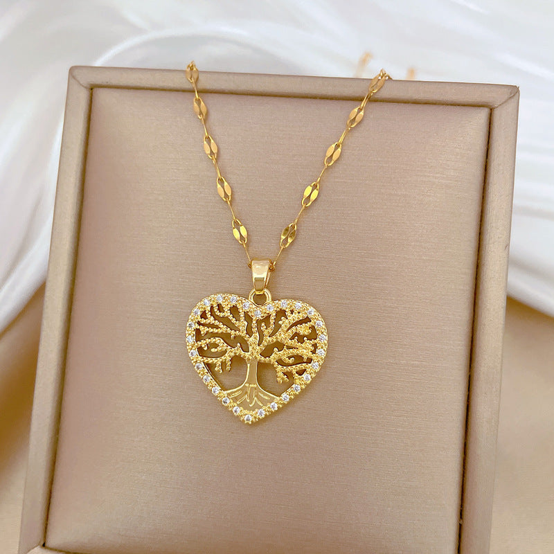 Collar de cadena de lujo de acero de titanio con forma de corazón y árbol de la vida con diamantes de imitación