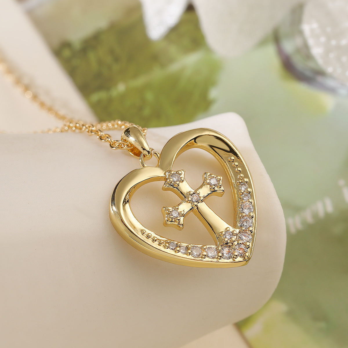Minimalist 18K Gold Plated Brass Drip Oil Cross Heart Pendant Necklace with Cubic Zirconia