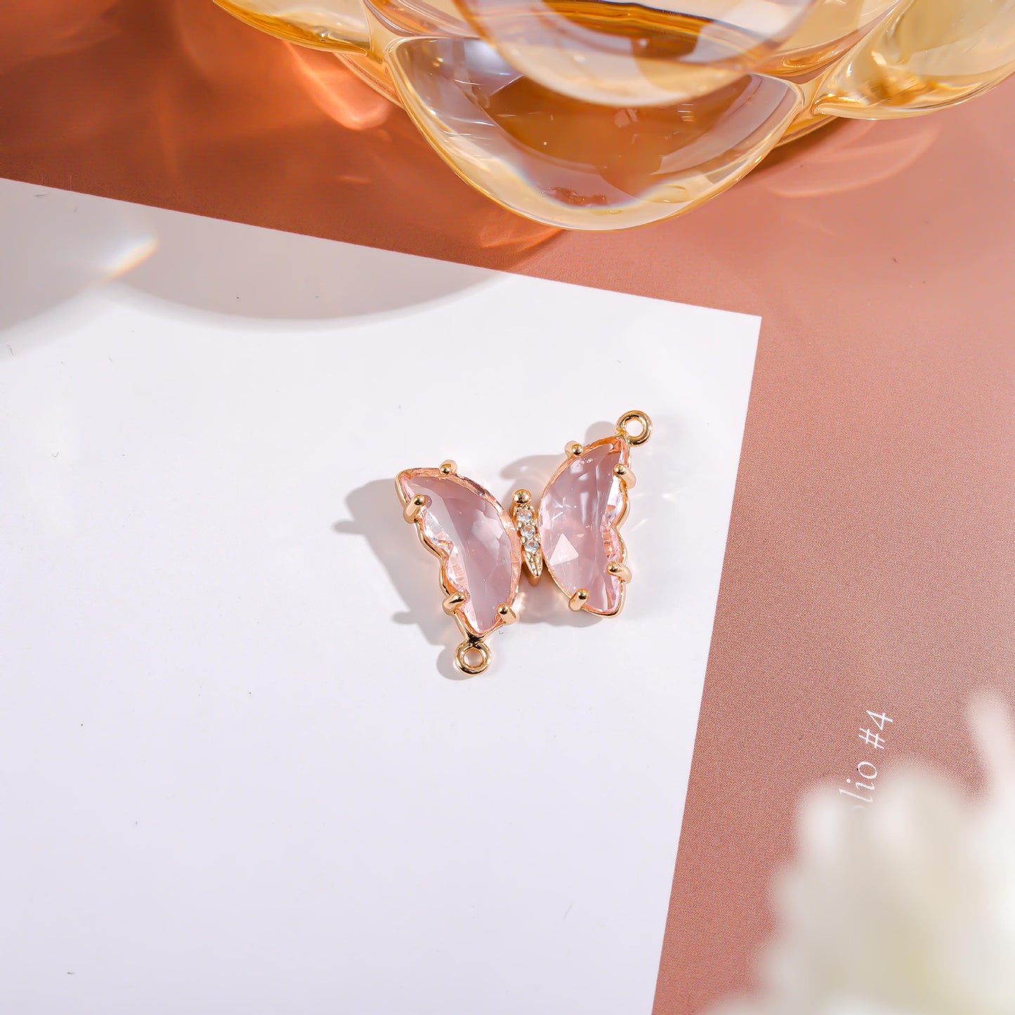Sweet Gradient Glitter Crystal Butterfly Double Pendant Brass Plated Charm Bar