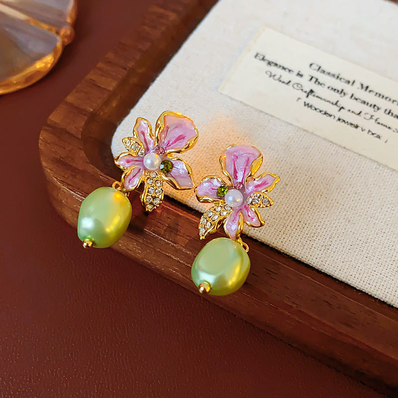 Vintage Floral and Geometric Enamel Earrings for Women with Gold-Plated Brass Base and Stainless Steel Posts