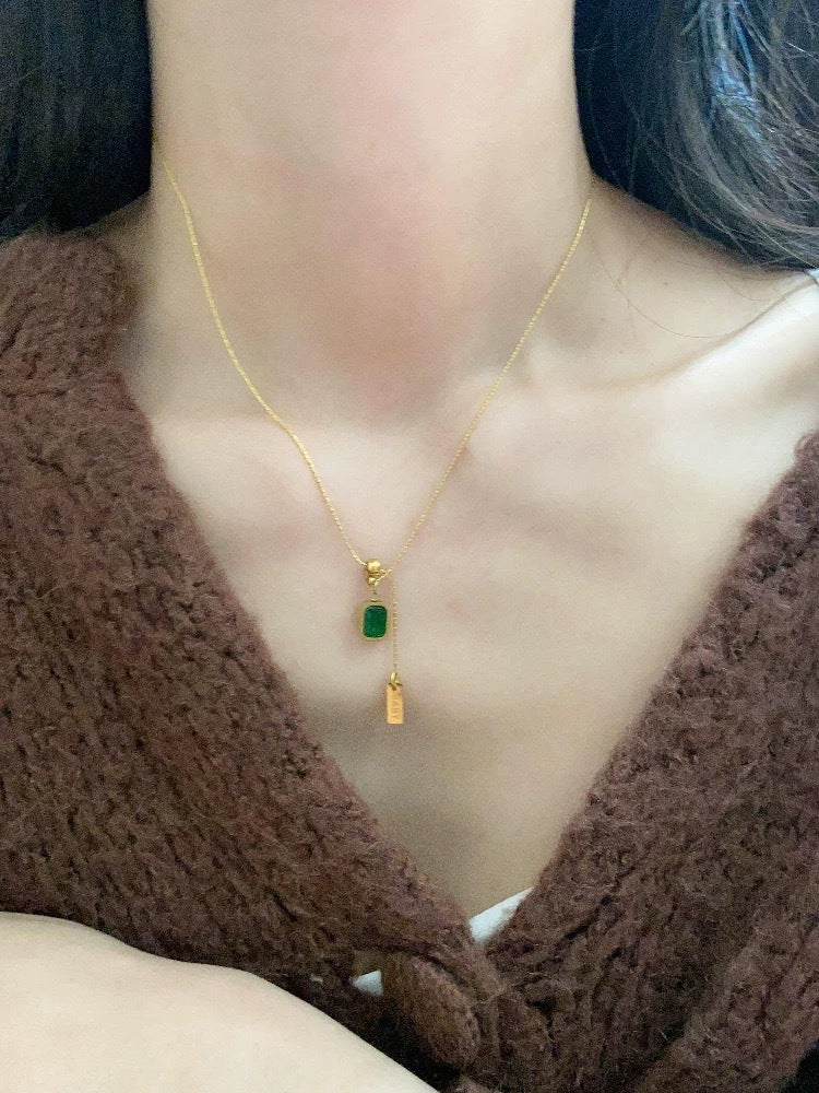 Minimalist Elegant Letter Teardrop Titanium Steel Plated Necklace with Emerald Cubic Zirconia and Tassel Chain for Women