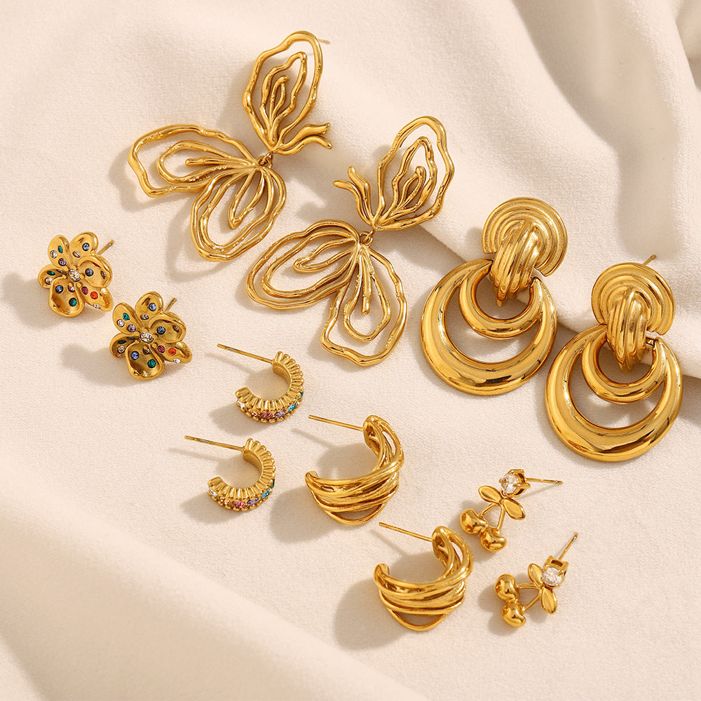 Fashionable OL Style Floral Shape Stainless Steel Plated 18K Gold Cherry and Double Ring Hoop Stud Earrings for Women