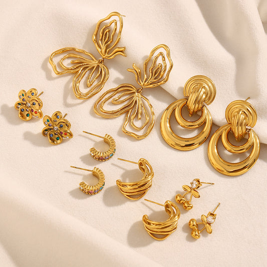 Fashionable OL Style Floral Shape Stainless Steel Plated 18K Gold Cherry and Double Ring Hoop Stud Earrings for Women