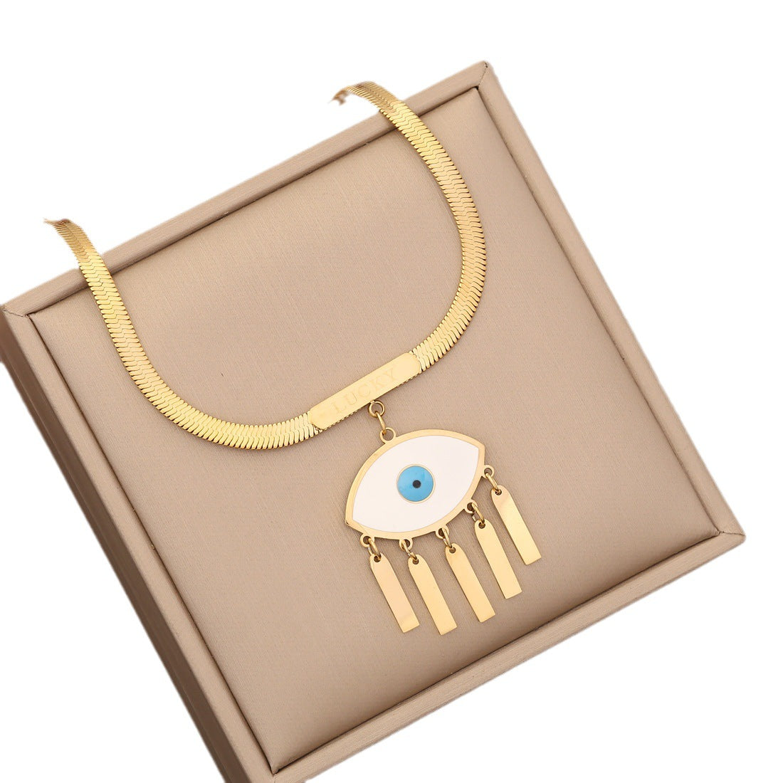 Minimalist Eye Pendant Necklace in Stainless Steel with Electroplating - Flat Snake Chain Collarbone Jewelry for Women